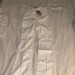 Revise denim, leather flare pants